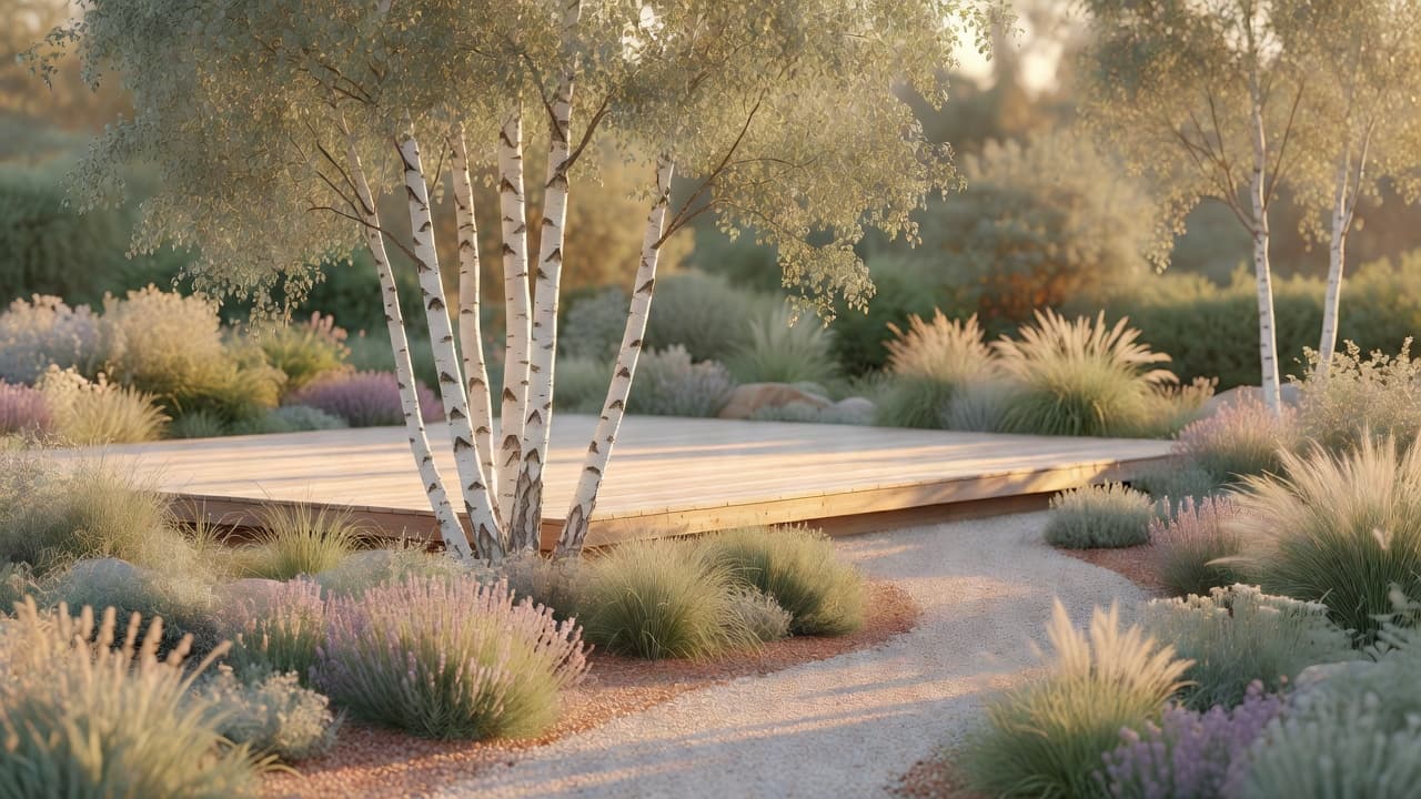 Scandinavian garden design with a multistem silver birch, pale timber decking and a gravel path in a calm backyard