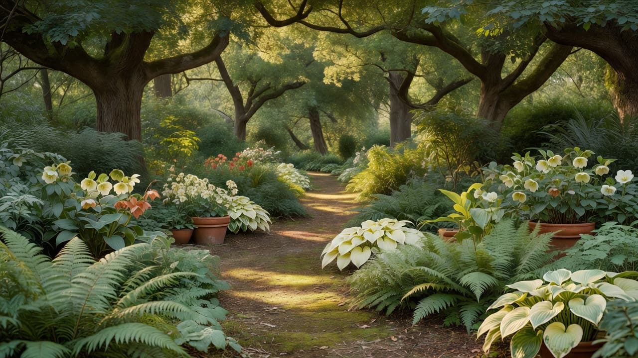 Shade garden design under mature trees with layered fern, hosta and hellebore planting along a woodland-style path
