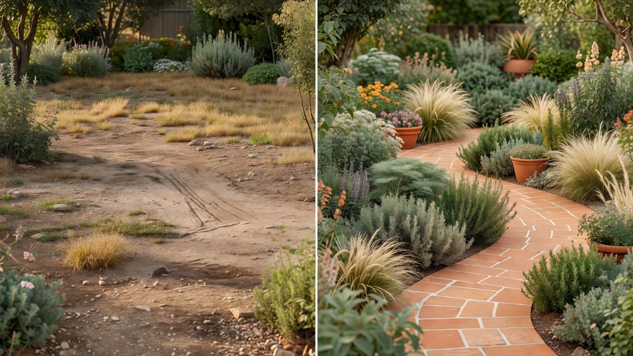 A before-and-after pair of images showing an original garden photo next to its AI redesign, prepared to send to a contractor