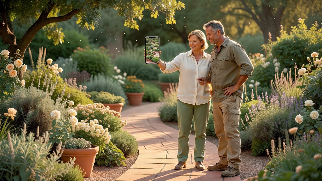 A homeowner showing a phone with an AI garden design to a landscaper standing in the garden