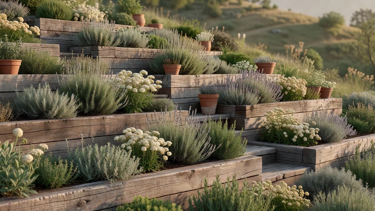 Jardin en pente terrassé avec murs de soutènement en traverses de bois créant des massifs de niveau le long d’une colline