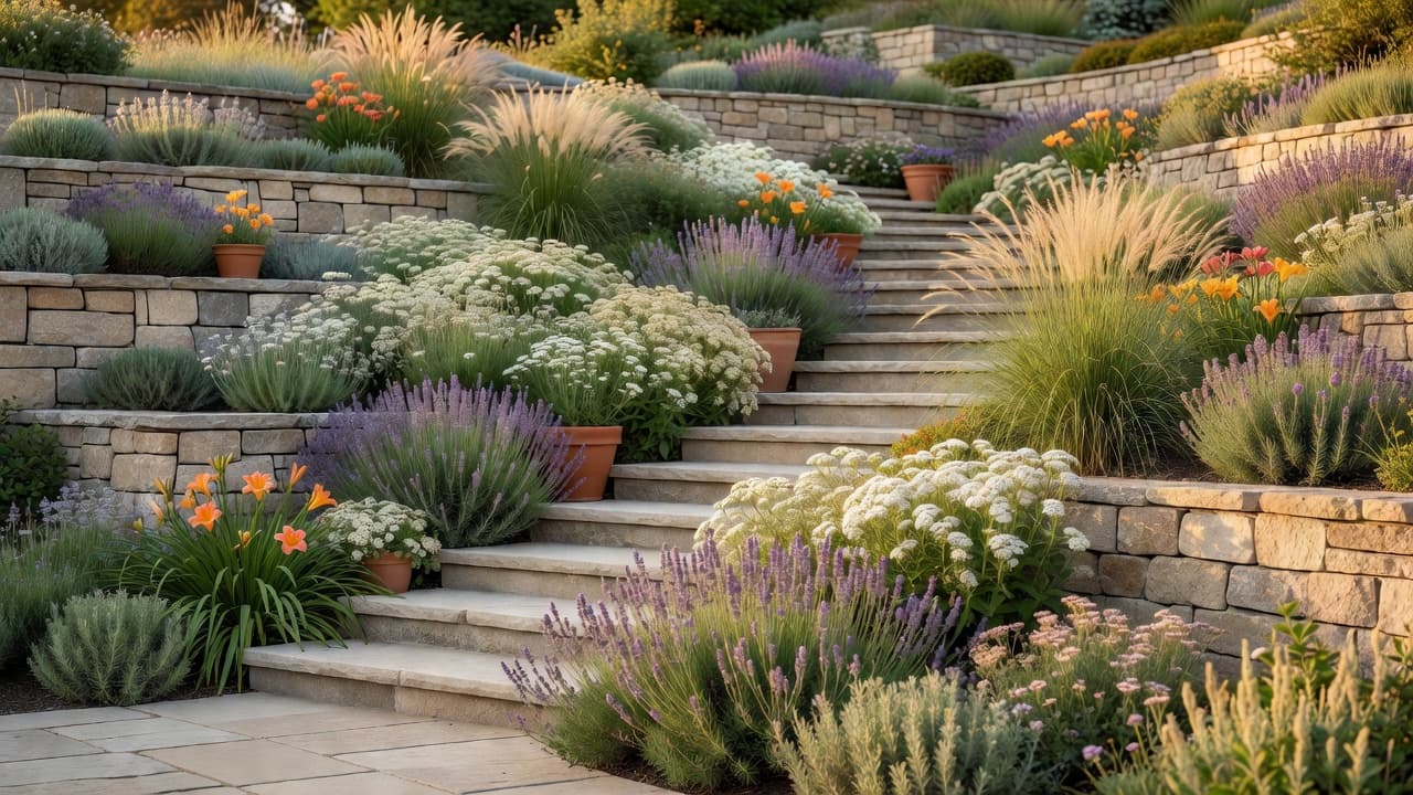 Sloped garden design with terraced retaining walls, stone steps and cascading planting on a steep backyard slope