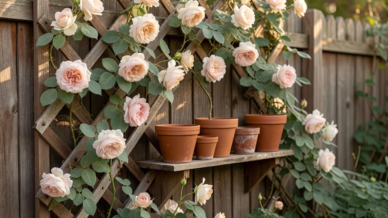 Roseiras trepadeiras e uma treliça conduzidas numa cerca de um jardim pequeno, com vasos escalonados a diferentes alturas