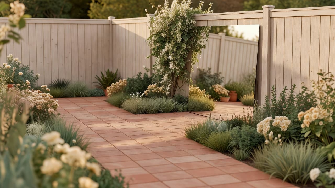Um jardim pequeno com um caminho em diagonal, uma cerca pintada de claro e um espelho parcialmente escondido pela plantação para fazer o espaço parecer maior