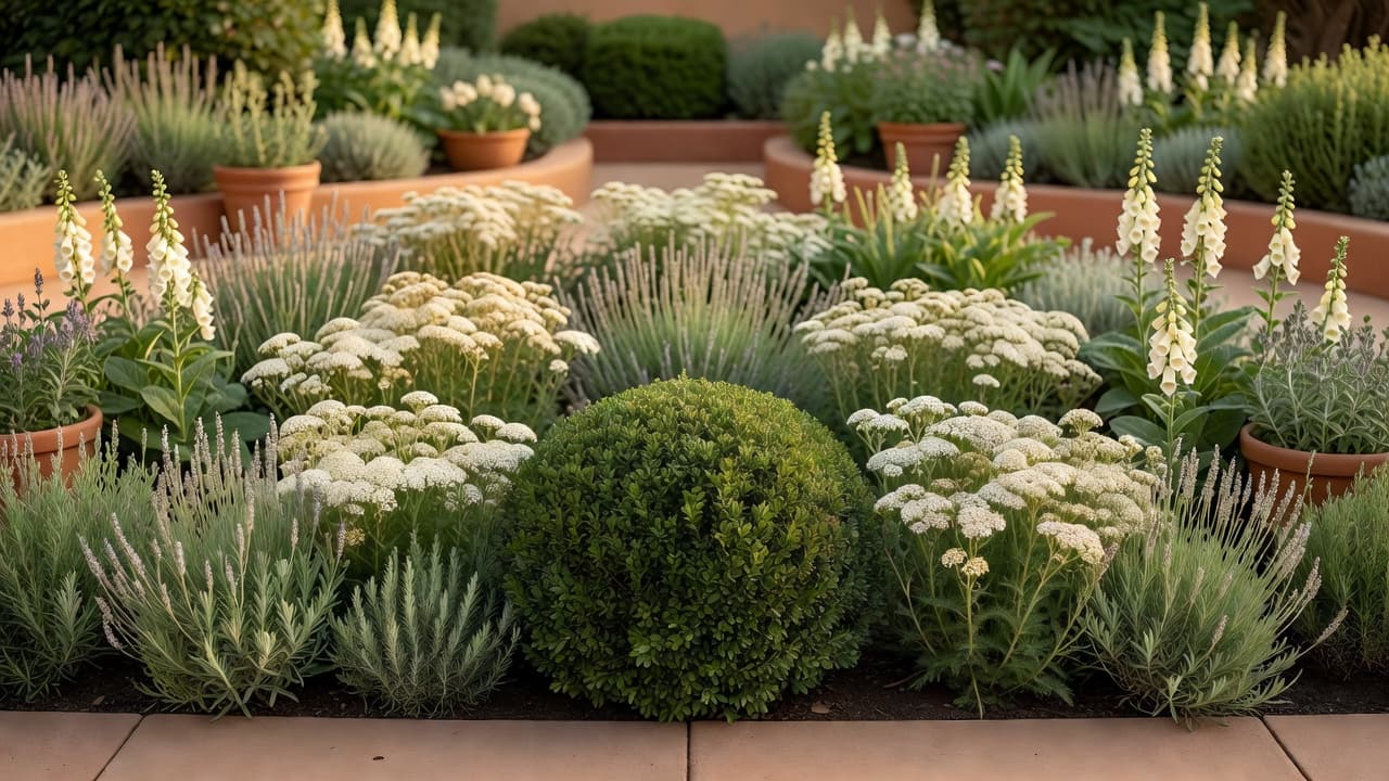Um canteiro de jardim pequeno plantado com uma lista curta e repetida de três vivazes em blocos, com uma perene aparada como âncora estrutural