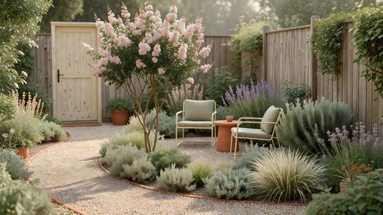 Small backyard design ideas shown in a compact suburban yard with a single gravel path, layered fence-side planting and one multi-stem tree