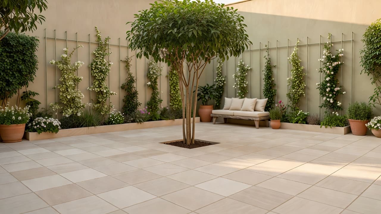 Un patio pequeño diseñado para parecer más grande, con pavimento diagonal de gran formato, un árbol multitronco, trepadoras en el muro del fondo y un rincón de estar ordenado