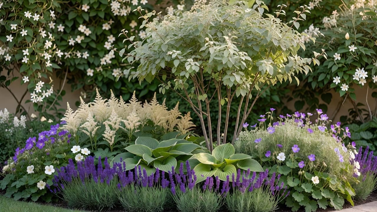 Un esquema de plantación compacto de jardín pequeño con un amelanchier multitronco, borde de lavanda, hostas y geranios vivaces frente a un muro de trepadoras