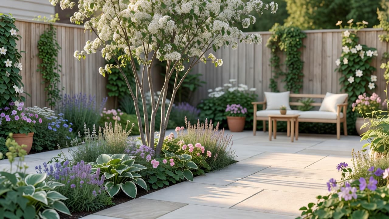 A small garden design app open on a phone held up against a tiny real courtyard garden, the screen showing a photorealistic redesign of that same space