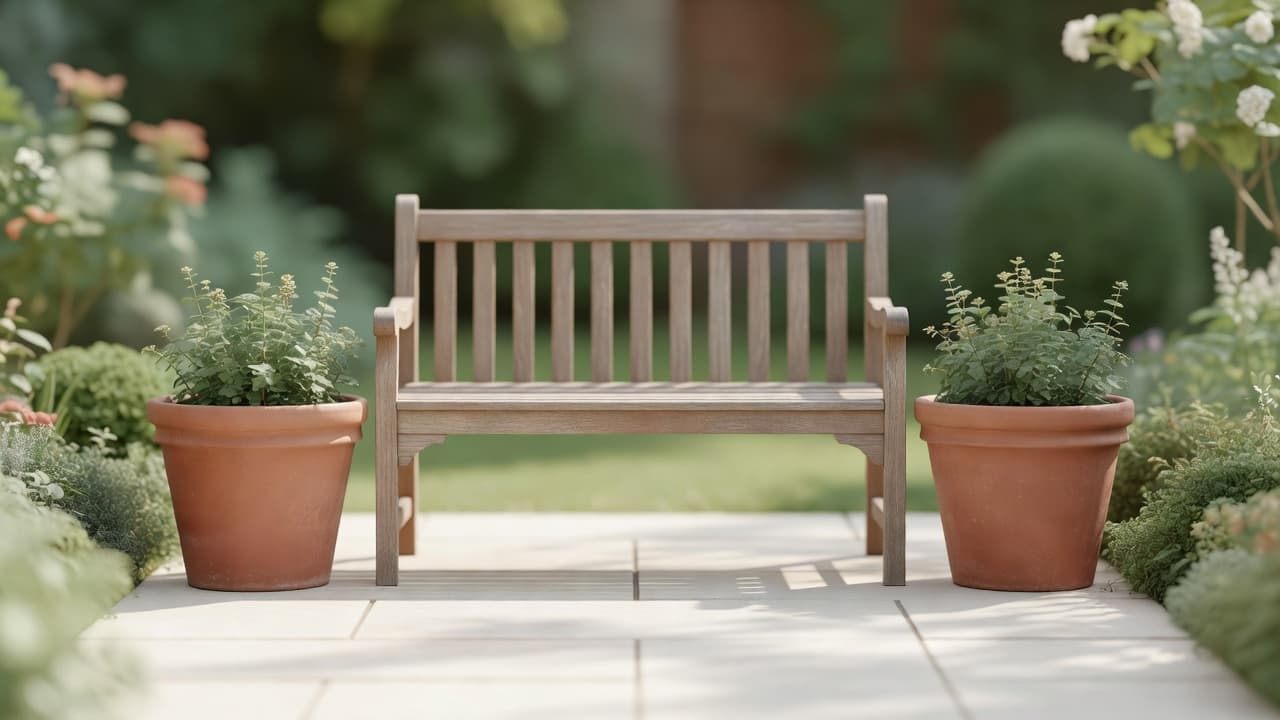 Un rincón de jardín despejado durante una depuración de estilismo, macetas dispares retiradas y un par a juego de jardineras de terracota conservado a ambos lados de un banco