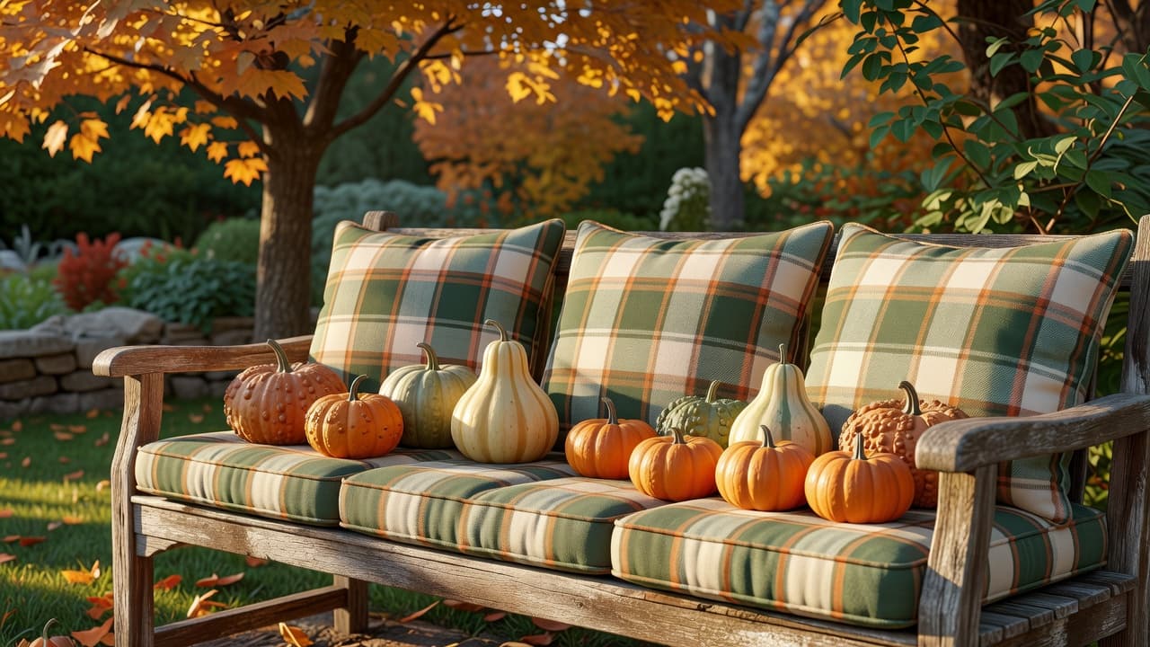Un rincón de estilismo de jardín de otoño, con cojines de exterior de cuadros cálidos y una composición agrupada de calabazas ornamentales sobre un banco de jardín