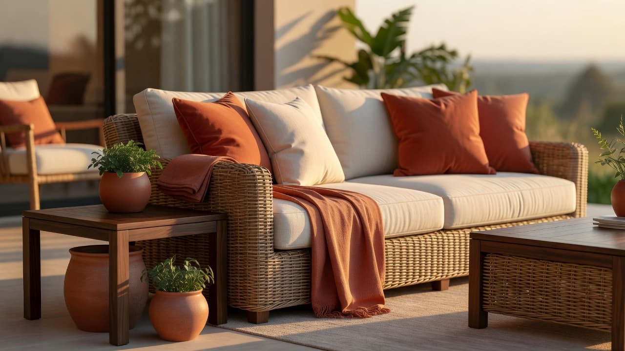 Garden styling in practice: a patio seating area styled like an indoor room with layered cushions, a repeated terracotta colour thread and warm evening lighting