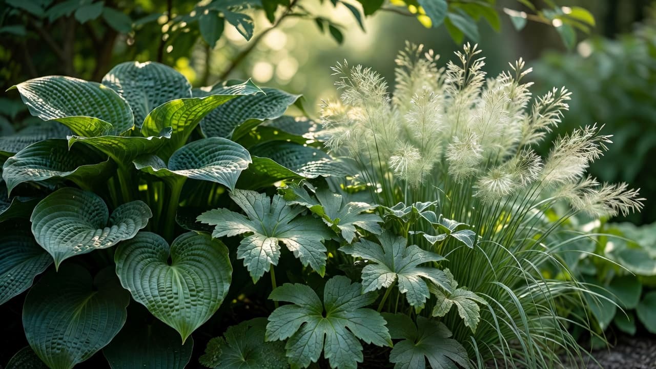 Coarse hosta and rodgersia foliage contrasted with fine feathery grasses, demonstrating texture in planting design