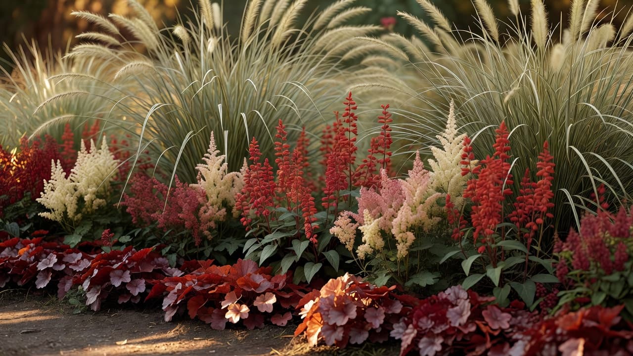 A layered planting design border with tall grasses at the back, mid-height salvia and astilbe in the centre, and low heuchera at the front edge
