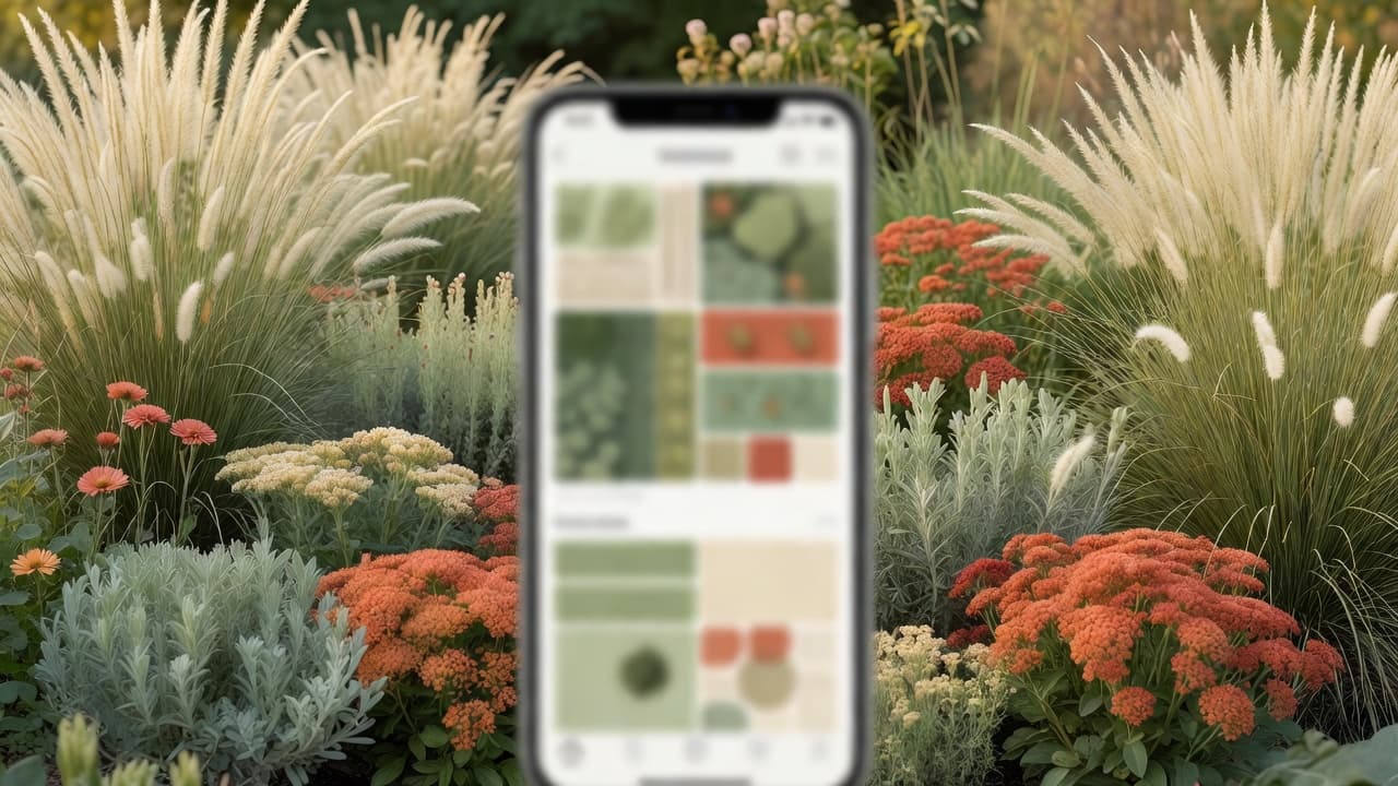 A smartphone showing an AI-generated preview of a layered planting design held up against a real garden border