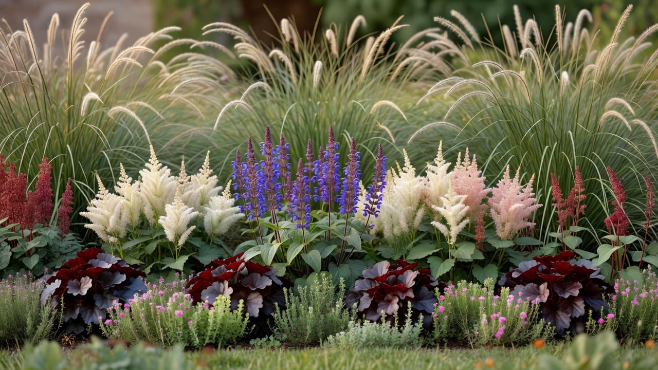 A layered mixed border showing texture and layering in planting design, with tall grasses, mid-height perennials and low front-edge planting