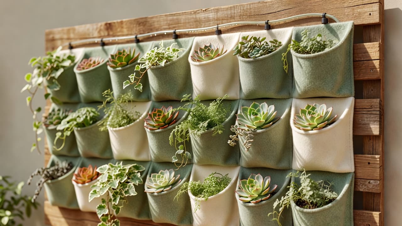 Modular felt pocket panel vertical garden system mounted on a timber batten frame with drip irrigation tubing