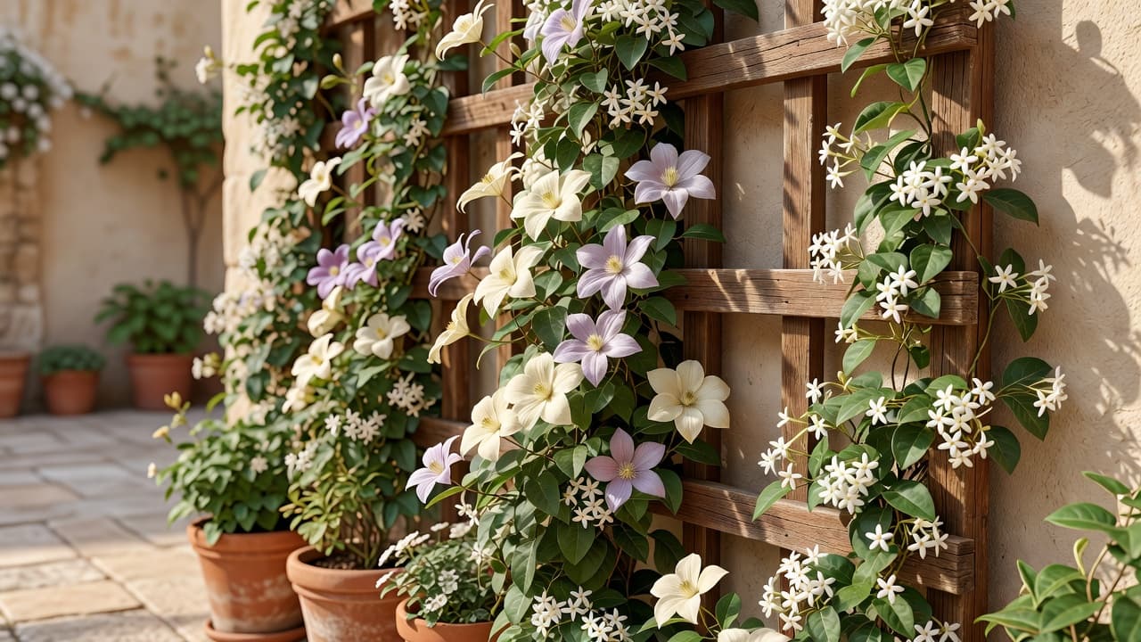 Flowering clematis and star jasmine climbing a wooden trellis vertical garden against a sunny courtyard wall