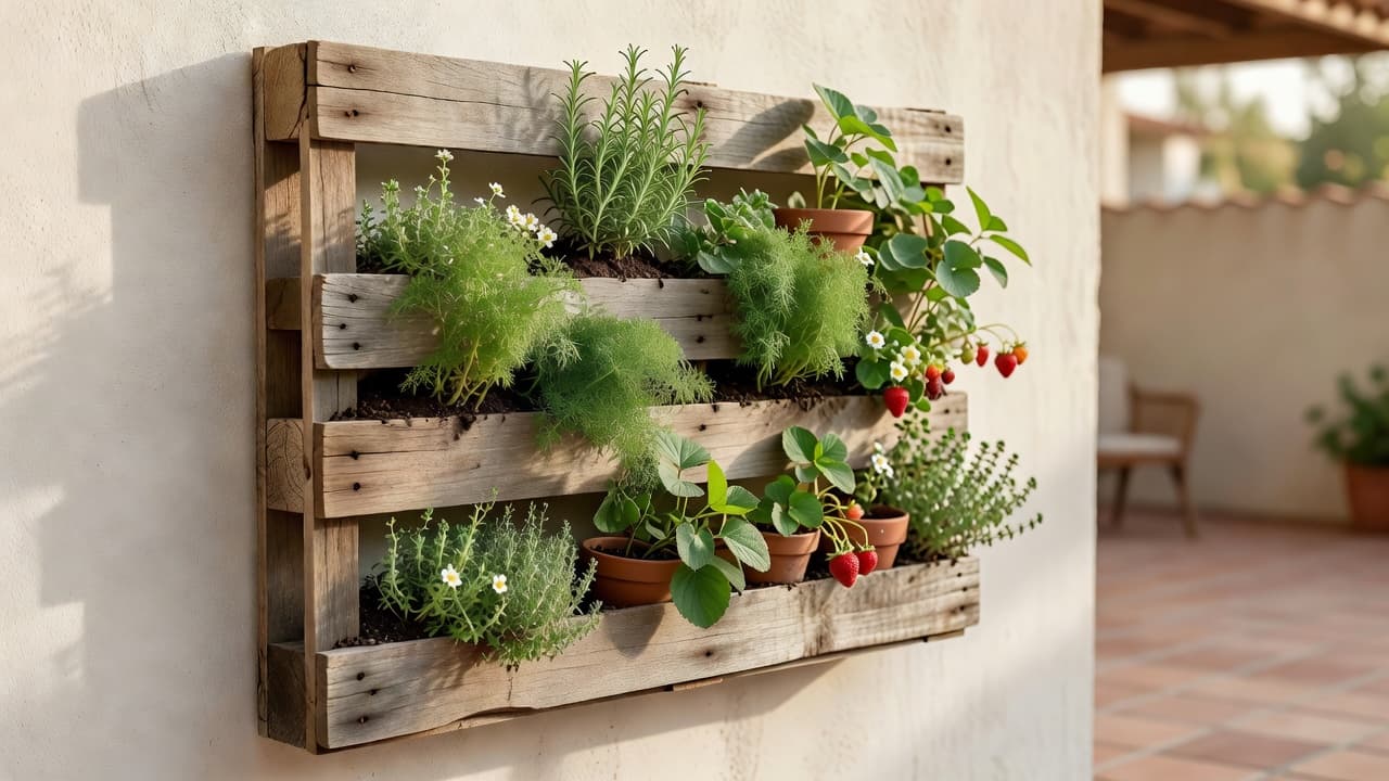 Small DIY vertical garden made from an upcycled wooden pallet planted with herbs and strawberries on a patio wall