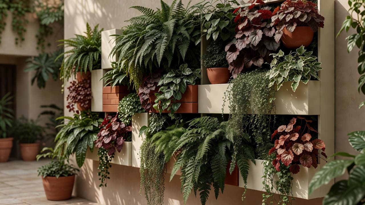Vertical garden design with a modular living wall of layered ferns, heuchera and trailing plants on a courtyard wall