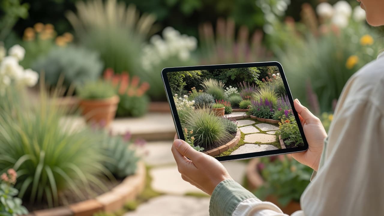 Ein virtueller Garten-Design-Tool auf einem Tablet zeigt einen echten Garten, der am Bildschirm mit neuen bepflanzten Beeten und einer Steinterrasse umgestaltet wird