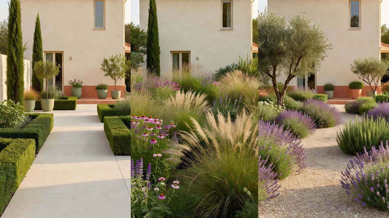 Derselbe Garten virtuell in drei Stilen neu entworfen — modern minimalistisch, naturnahe Präriebepflanzung und ein mediterraner Kiesgarten