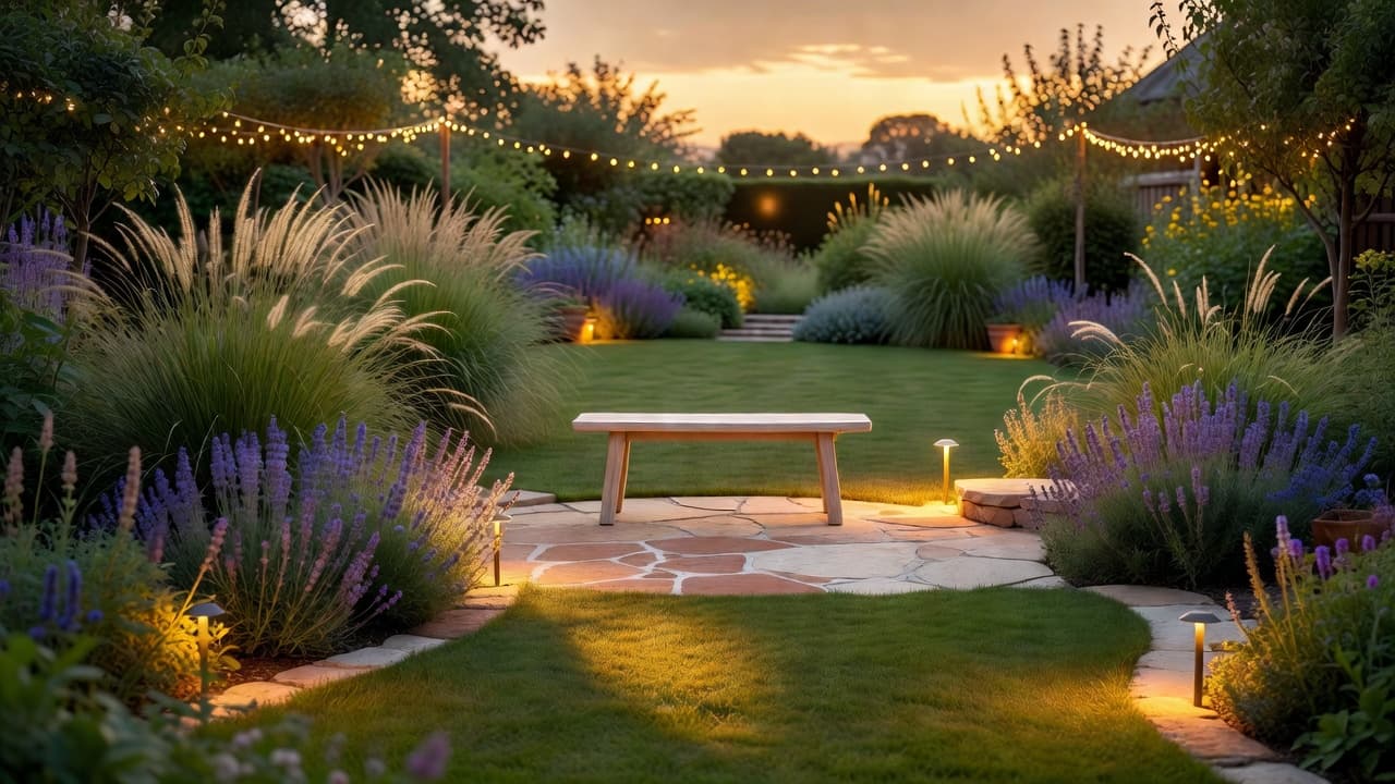 Ein fertiger Garten, zuerst mit einem virtuellen Garten-Design-Tool entworfen: geschwungene naturnahe Beete, Ziergräser, eine kleine Steinterrasse und weiches Abendlicht in der Dämmerung