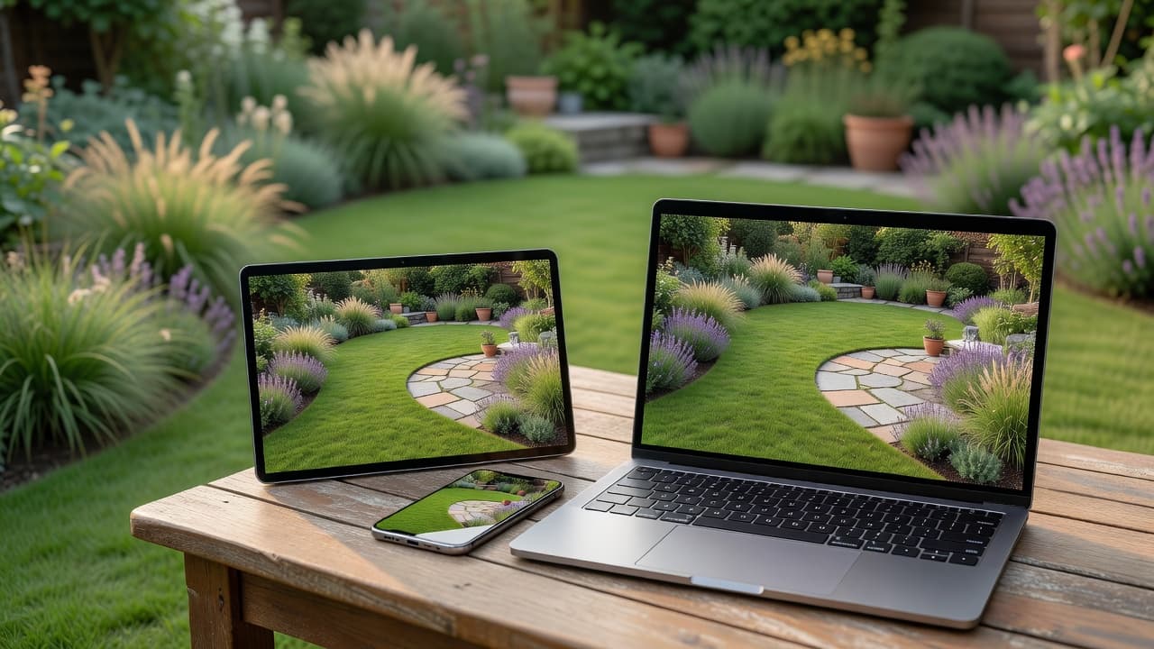 A virtual garden design tool shown on a laptop and phone beside a real back garden, the screen displaying a photorealistic redesign with new borders, lawn and a paved seating area