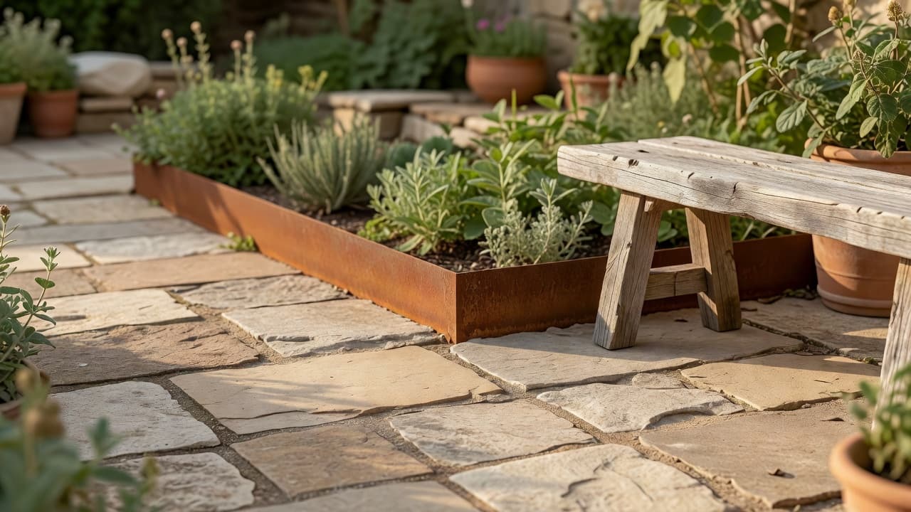 Weathered natural stone paving beside a rusted Corten steel edge and a reclaimed timber bench in a wabi-sabi garden