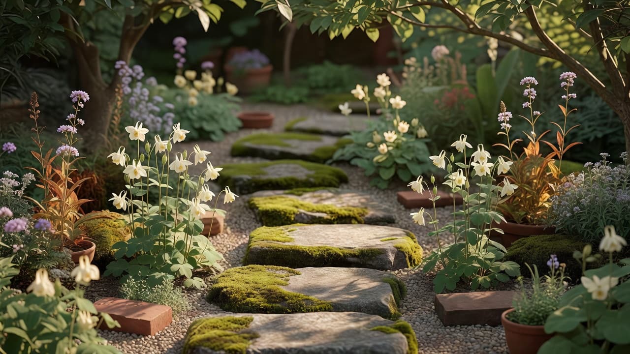 Moss-covered stepping stones with self-seeded aquilegia and verbena growing through gravel in a wabi-sabi planting scheme