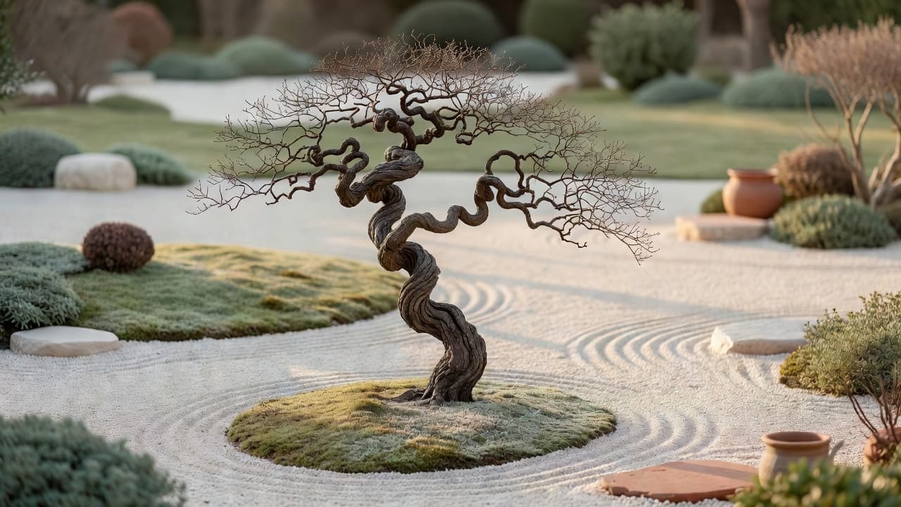 A leaning, contorted specimen tree used as the single focal point in a minimalist wabi-sabi garden design