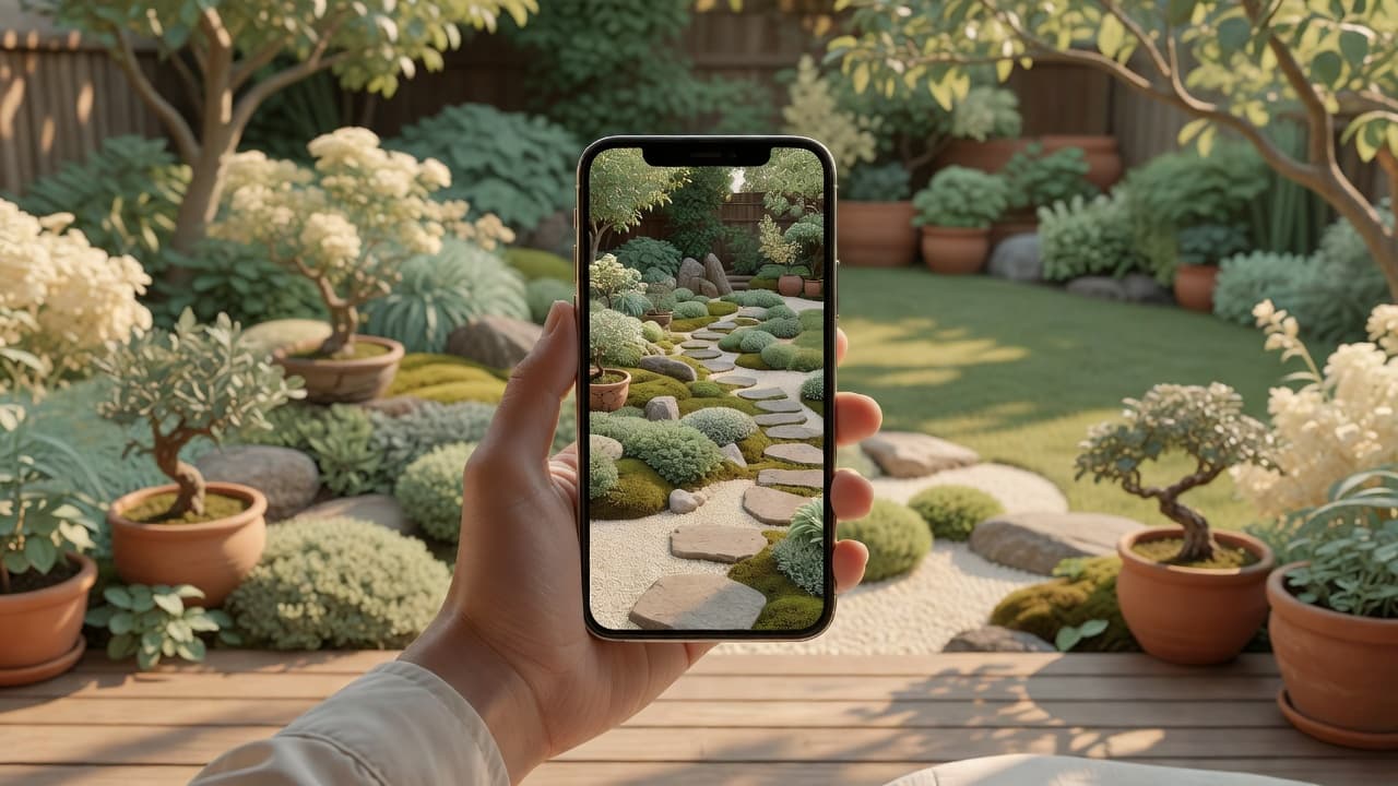 A smartphone showing an AI-generated wabi-sabi garden design preview held up in front of a real backyard