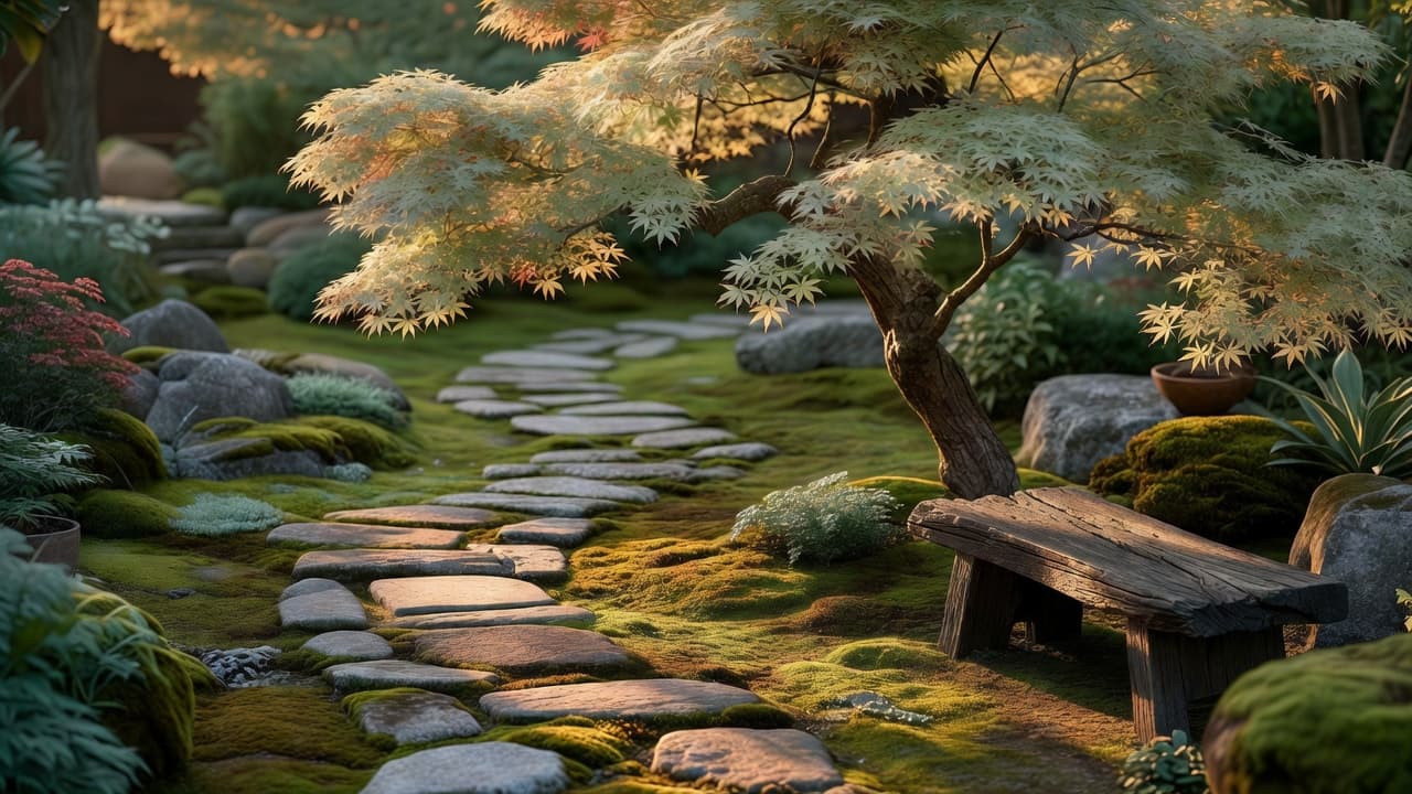 A wabi-sabi garden design with a moss-covered stone path, weathered timber bench and a leaning Japanese maple in warm evening light