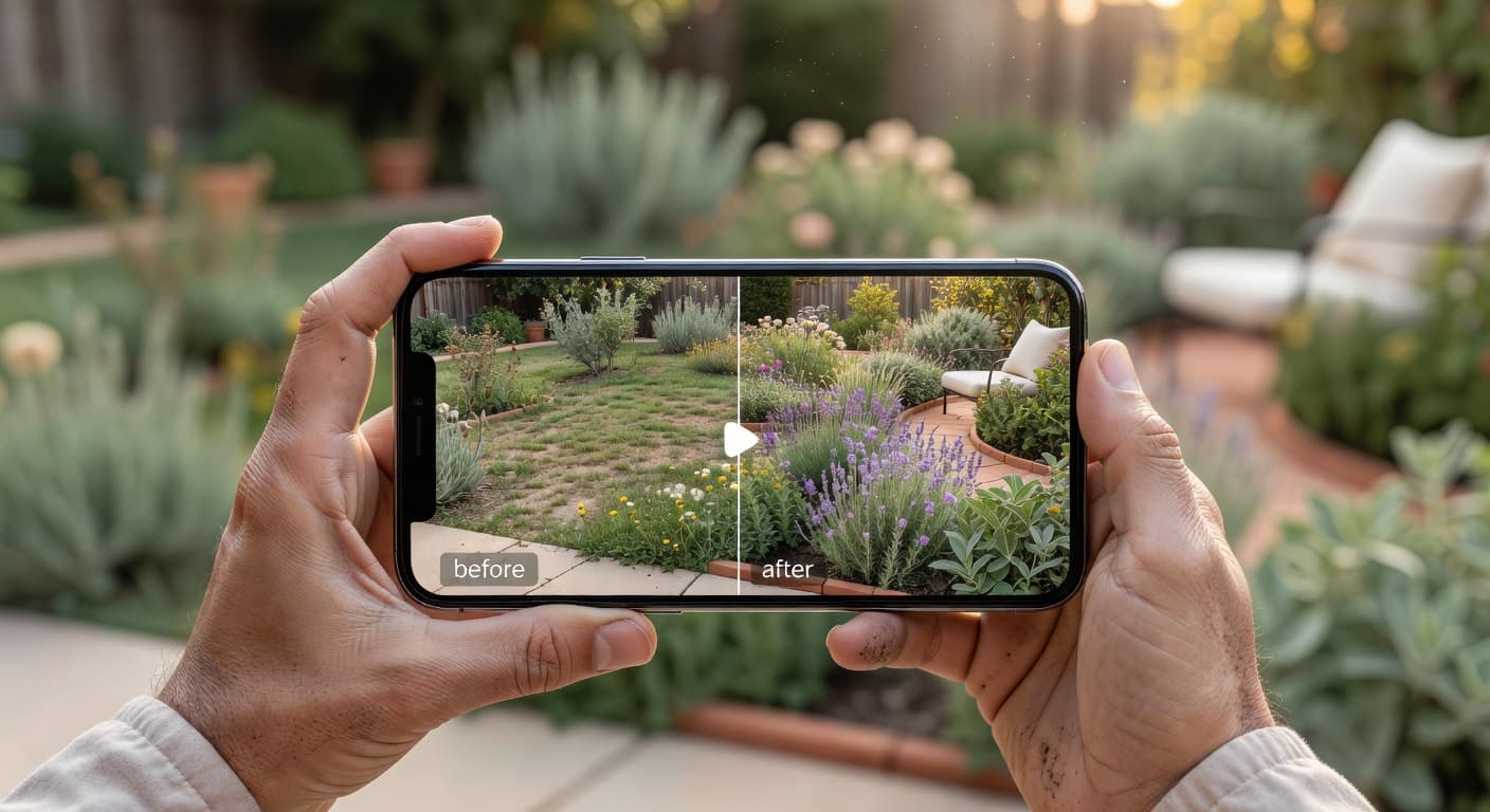 Hands holding a smartphone in a backyard, the screen showing an AI garden design redesign of that same garden