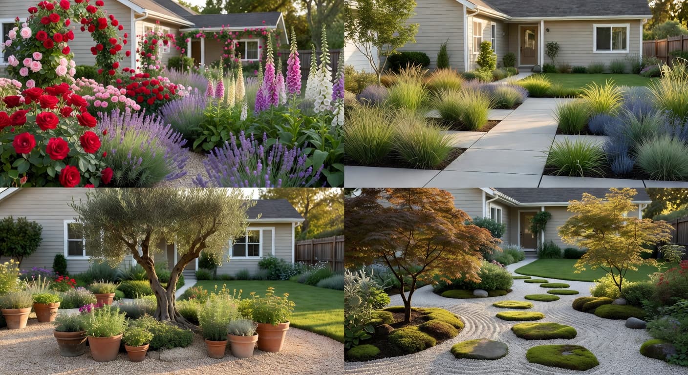 Four AI garden design styles shown on the same backyard: cottage, modern, Mediterranean and Japanese