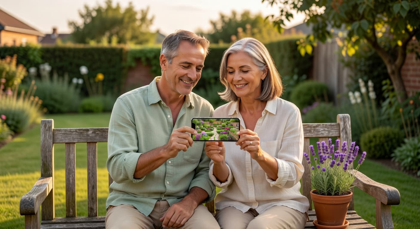 Two everyday gardeners in their late fifties, sitting on a garden bench with a phone showing an AI garden design of their backyard