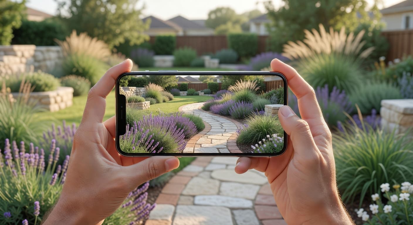 AI garden design redesign of a suburban backyard shown on a phone in front of the real garden