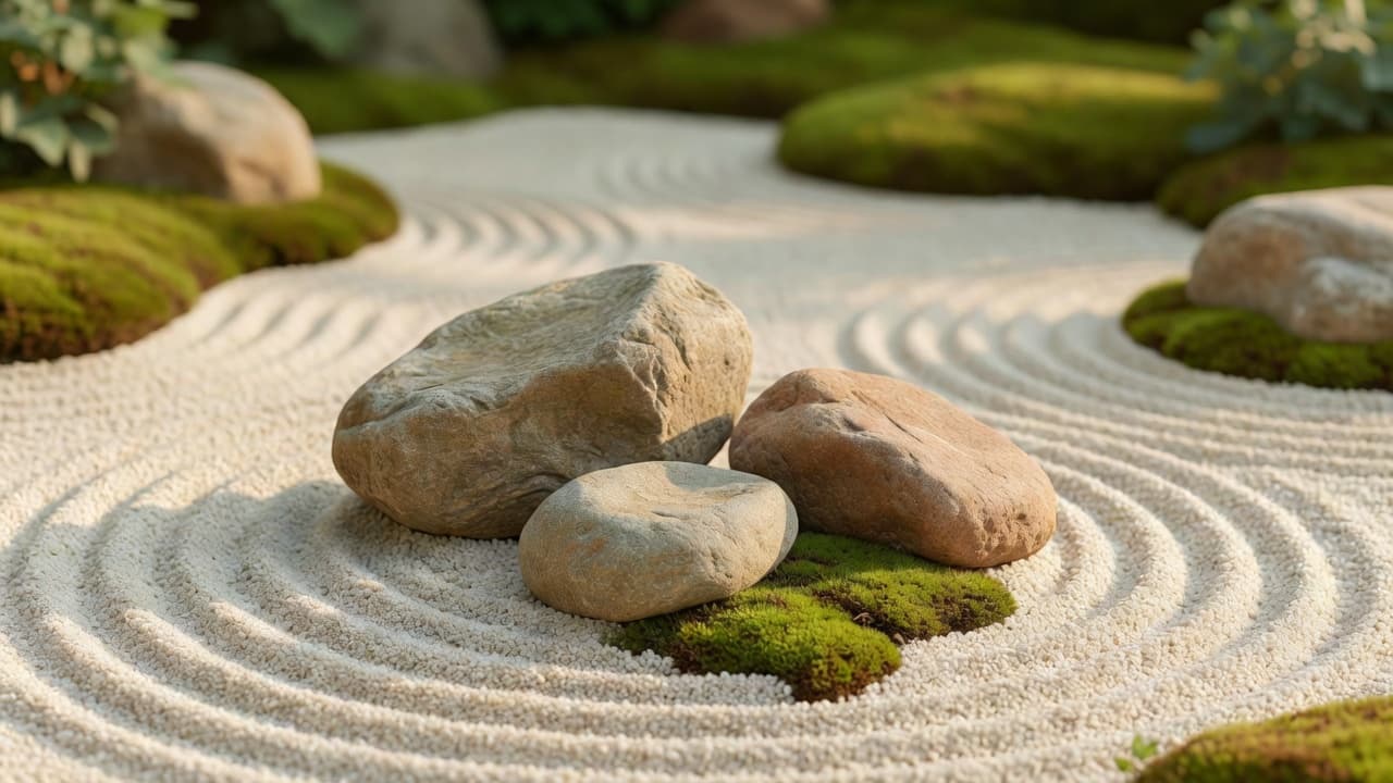 An odd-numbered grouping of three weathered stones set asymmetrically in raked gravel, demonstrating fukinsei and ma in zen garden design