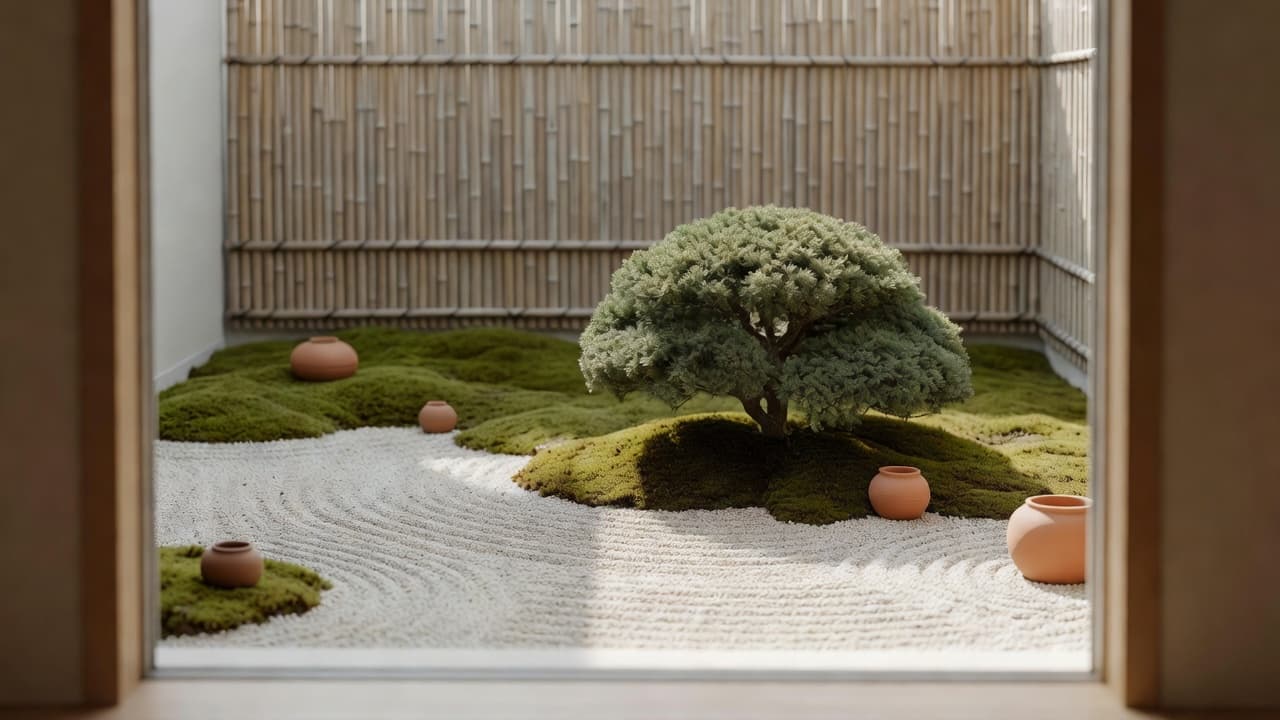 A tsubo-en style courtyard zen garden built into a narrow side return, with bamboo screening, moss and a single clipped evergreen viewed from a window