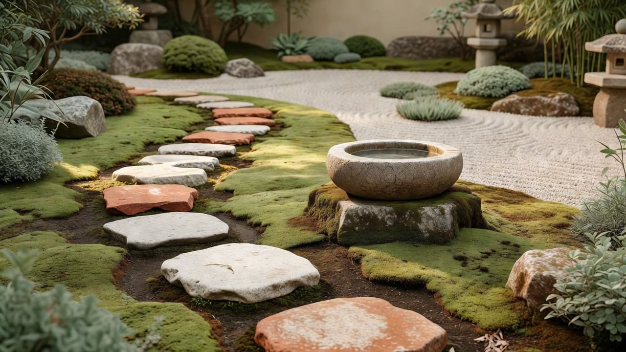 A curved path of flat stepping stones set with irregular gaps through moss, leading toward a stone water basin in a zen garden