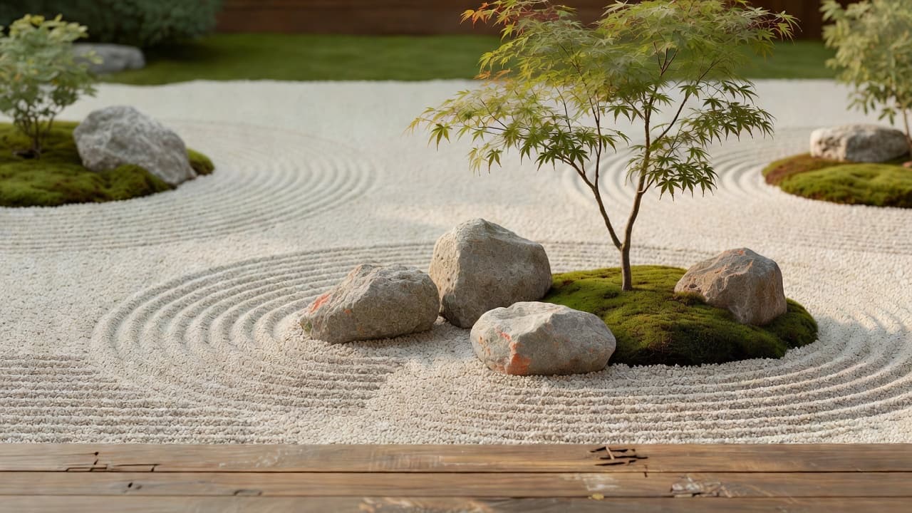 A small zen garden design with raked pale gravel, a group of three weathered stones and a Japanese maple, viewed from a wooden deck