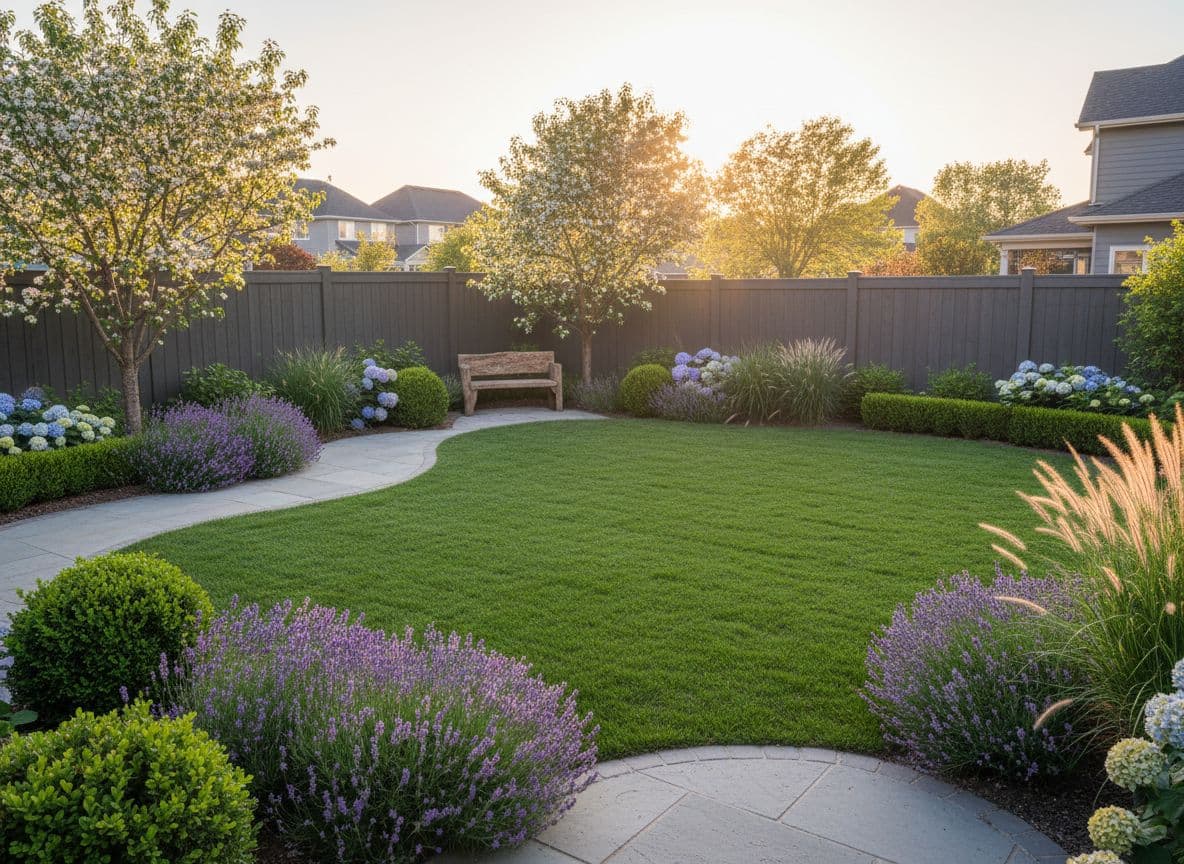 The same backyard after AI backyard design, with a stone patio, layered planting and warm lighting