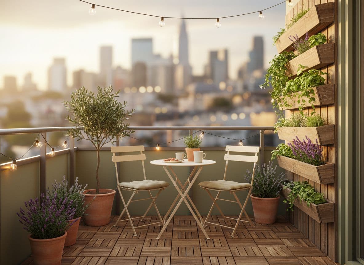 Balkon-KI-Gartendesign mit Kräutern, Olivenbaum und Café-Lichtern