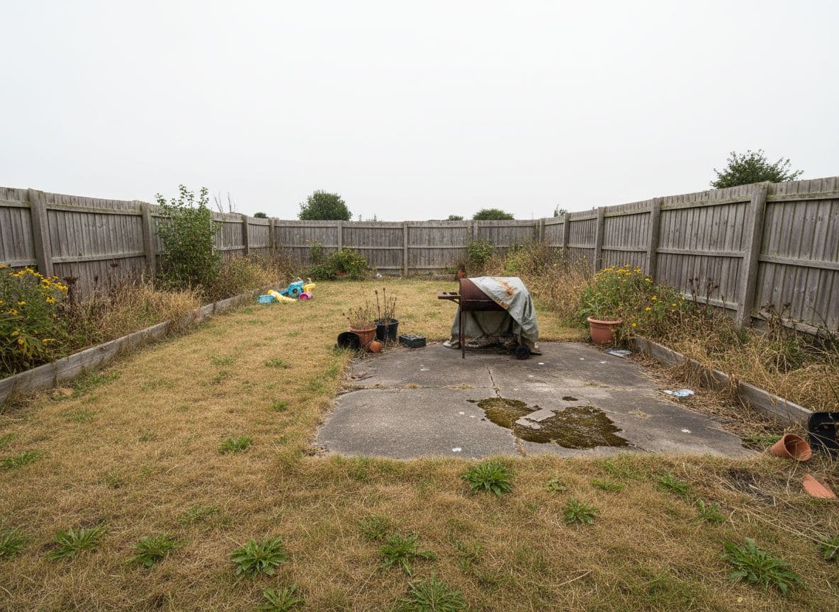 Plain backyard with patchy lawn and a bare fence before AI redesign