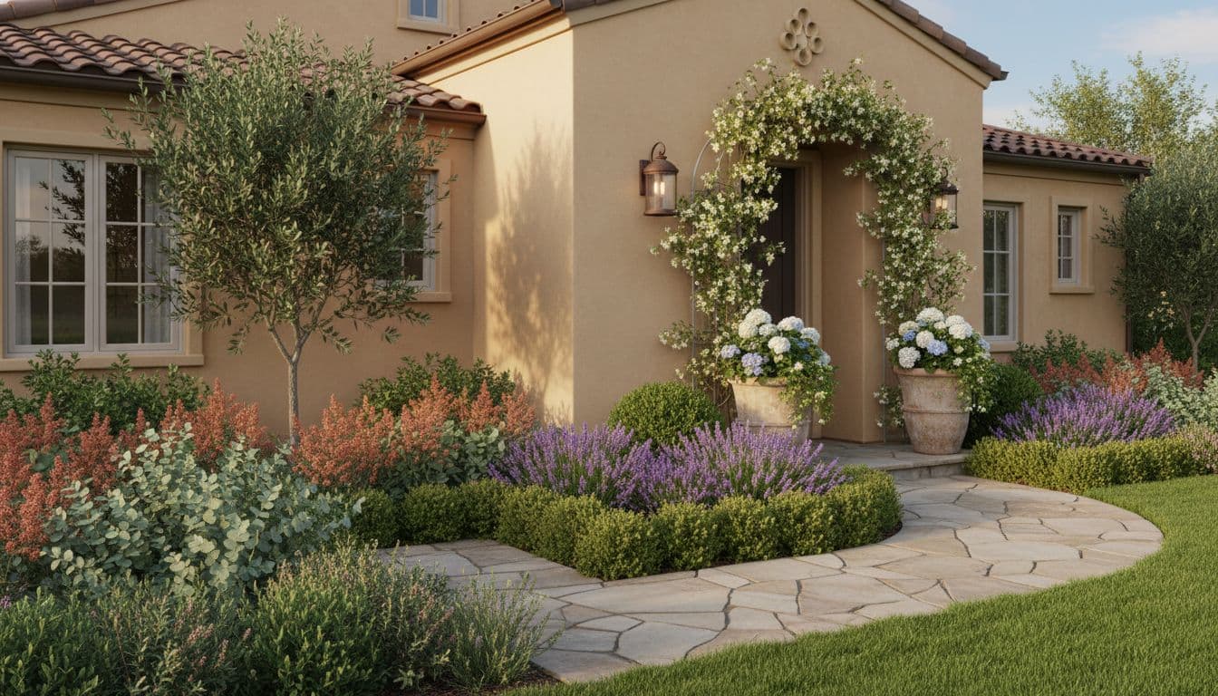The same front yard landscaped with a new path, layered borders and a defined entrance
