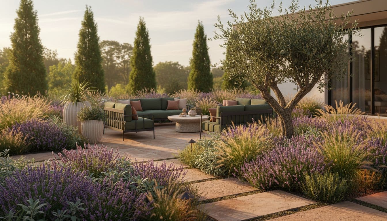 AI backyard design result showing a paved seating area, raised beds and mature planting