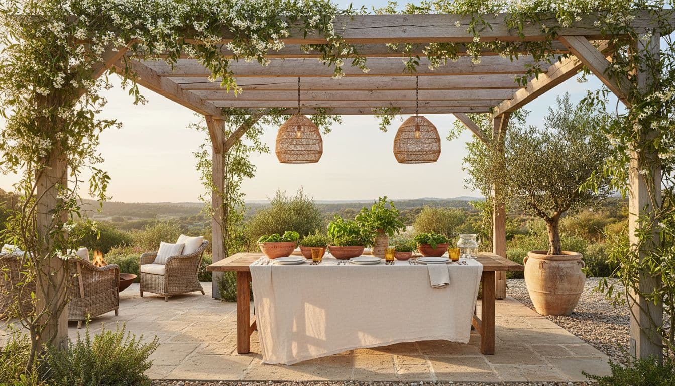 A planned garden layout with a defined dining zone, path and screening planting