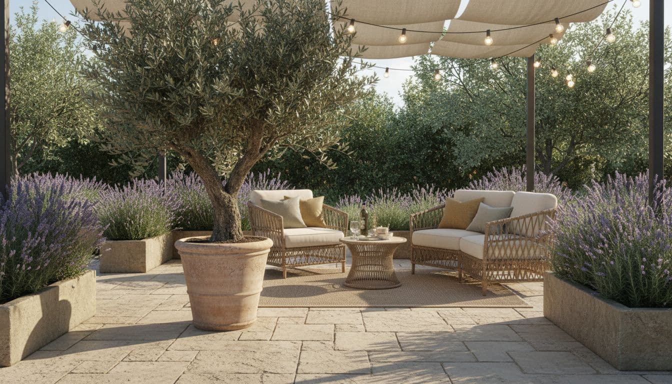 Terrasse nach FlorAI KI-Gartendesign-App mit Pergola, Olivenbaum und Sitzbereich