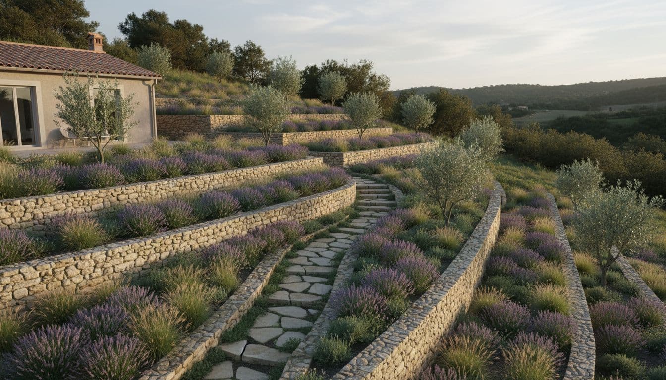 A sloped backyard redesigned with terracing, steps and retaining planting