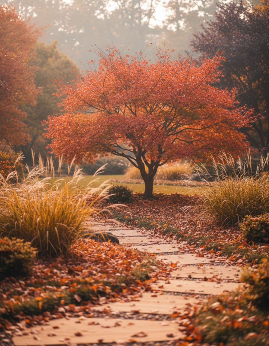 A landscaped garden shown in autumn with seed heads, grasses and warm foliage colour
